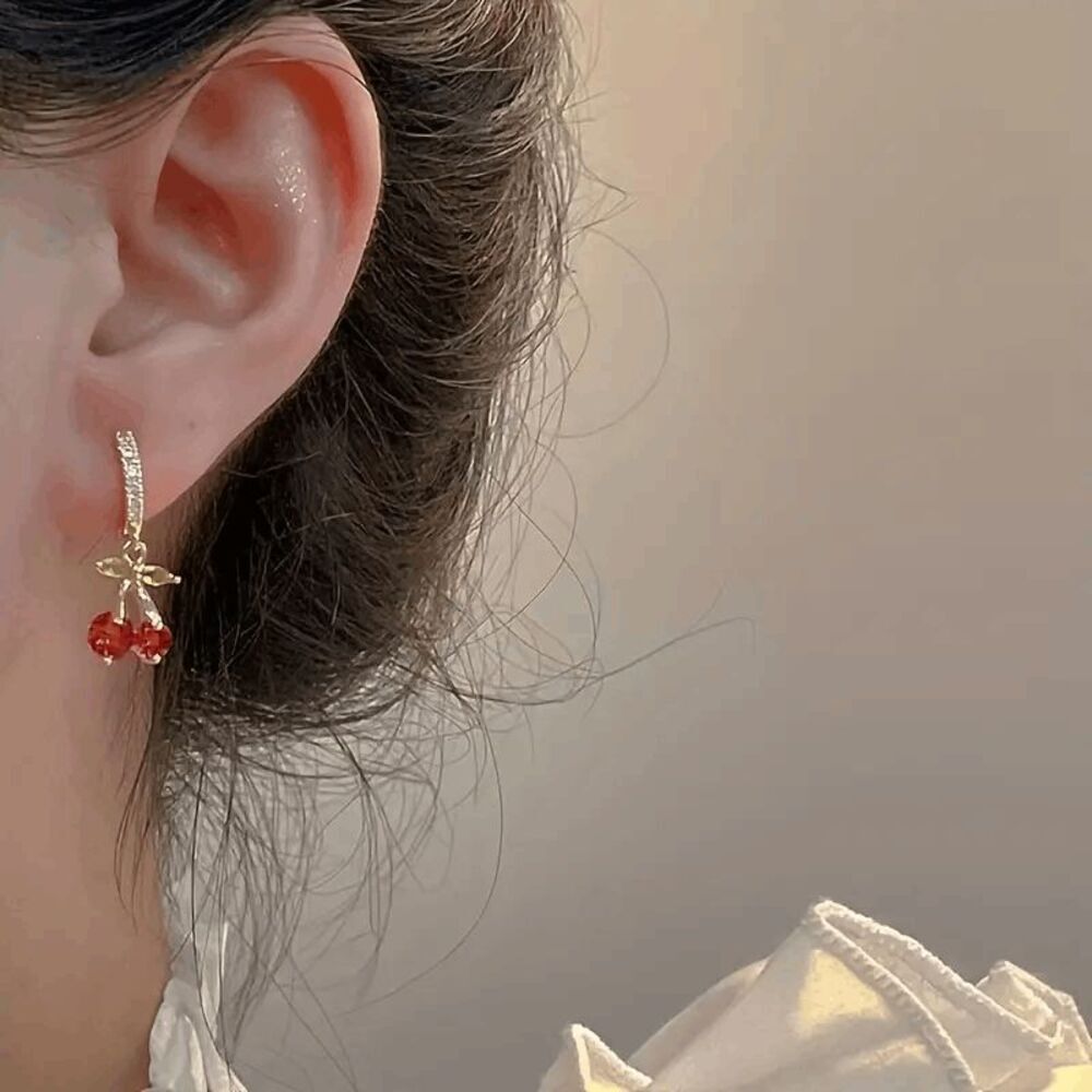 Boho Diamond Ruby Cherry Dangle Earrings
